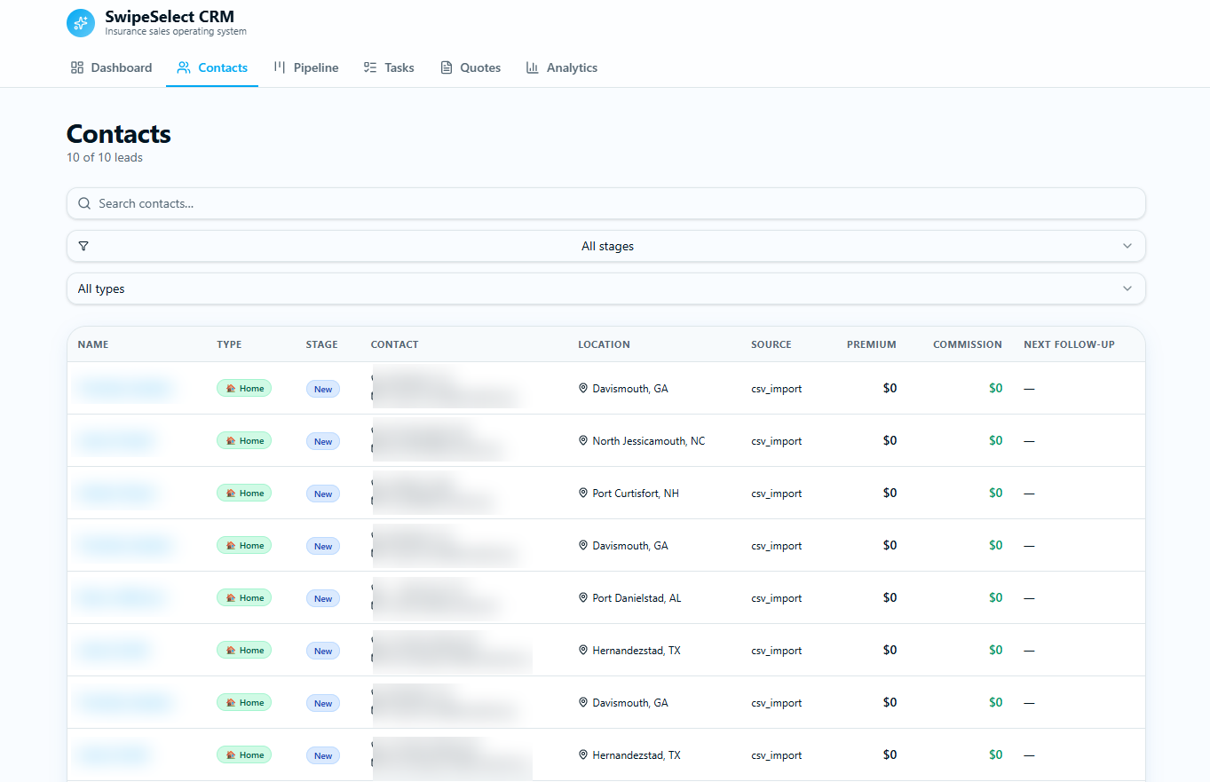 SwipeSelect CRM Contacts screenshot