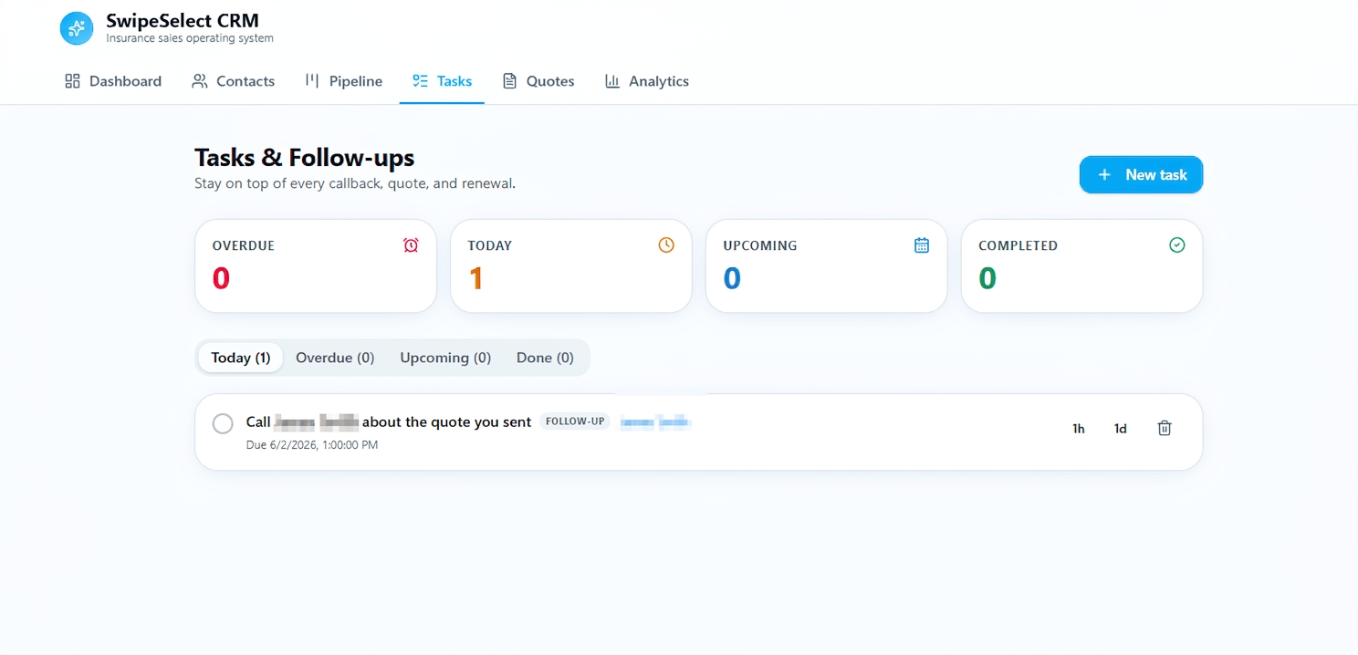 SwipeSelect CRM Tasks screenshot